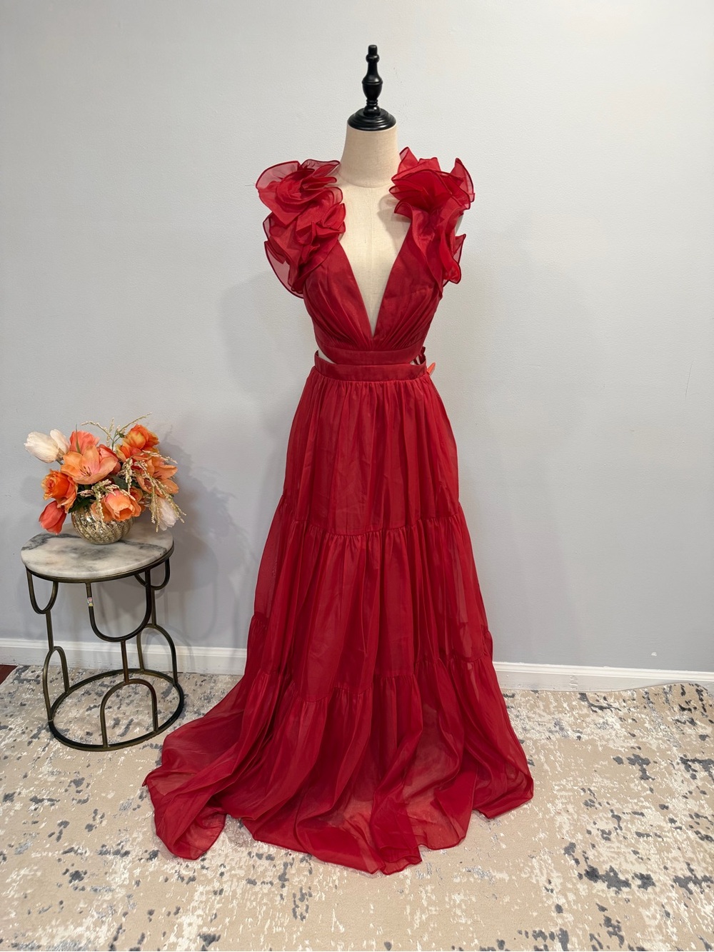 Mac Duggal 49528 Wine Red Ruffled Shoulder Cut Out Soft Tie Back Tiered Gown